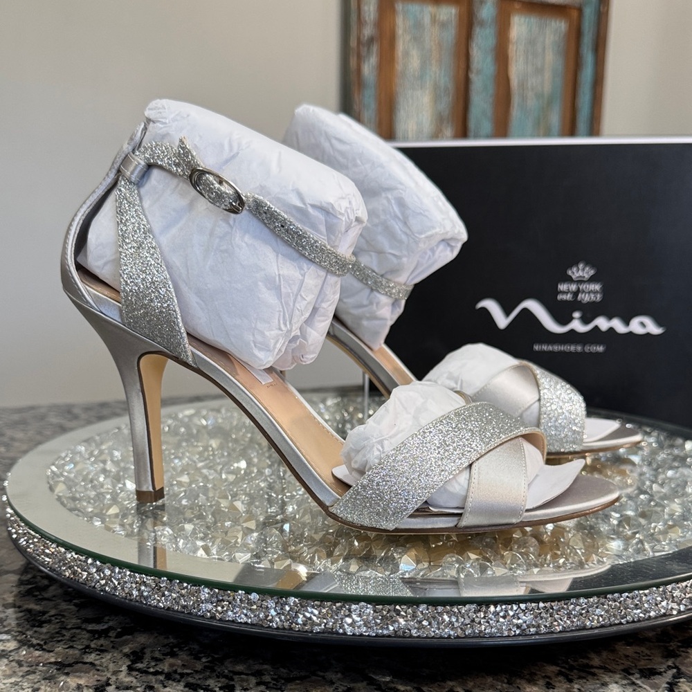 Nina Venus Silver Glitter & Satin Strappy High Heels NEW 9
